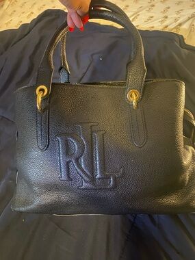 Ralph Lauren Black Embossed RL Pebbled Leather Satchel